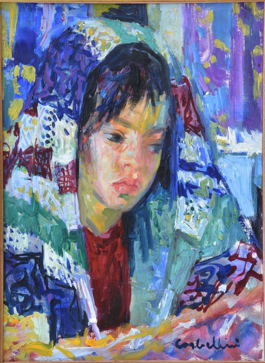 Luigi Corbellini "young Girl With Shawl" Oil On Canvas 35x27-photo-4